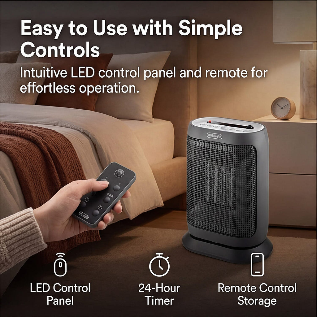 DeLonghi 2KW Capsule Twist Ceramic Heater - 2000W Remote Controlled LED Display 24 hour Timer - 29.4 cm height, 22.4 cm width, 14.2 cm depth, 1.9 kg
