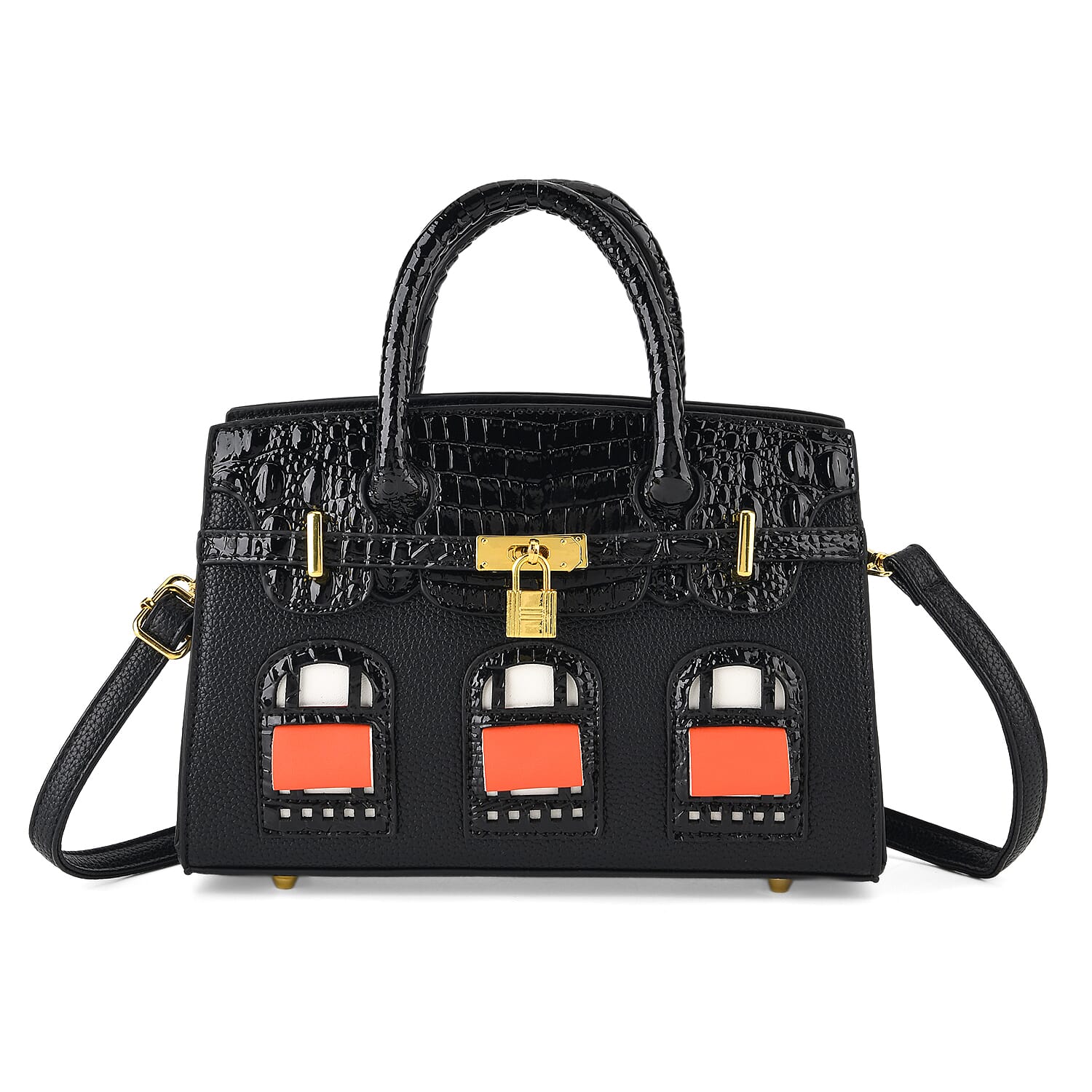 Designer-Inspired Structured Handbag with Crossbody Strap - Black_8447533