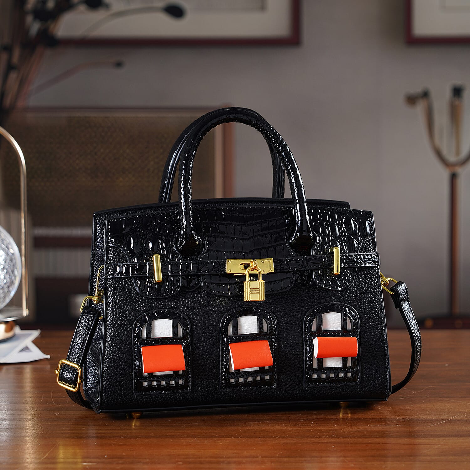 Designer-Inspired Structured Handbag with Crossbody Strap - Black_8447533_1