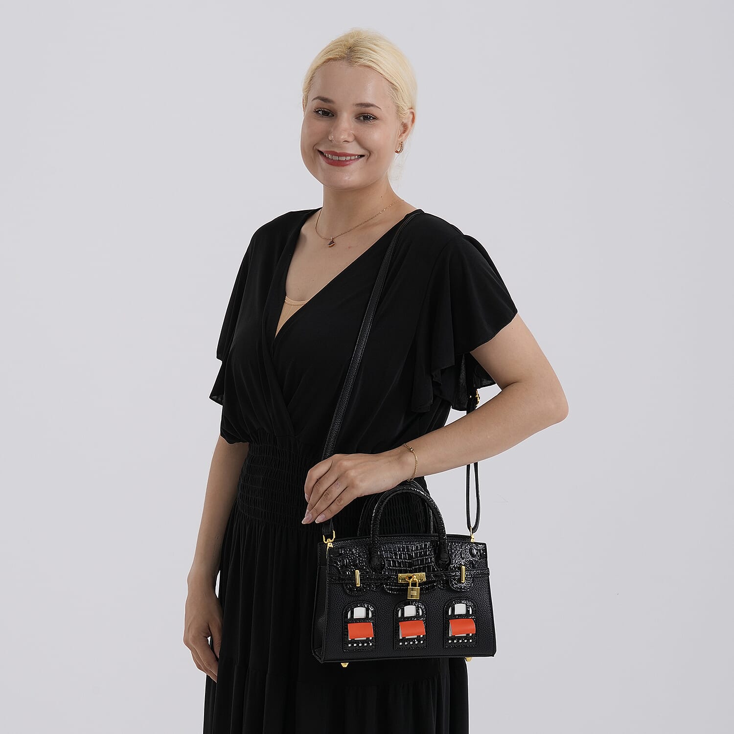 Designer-Inspired Structured Handbag with Crossbody Strap - Black_8447533_2