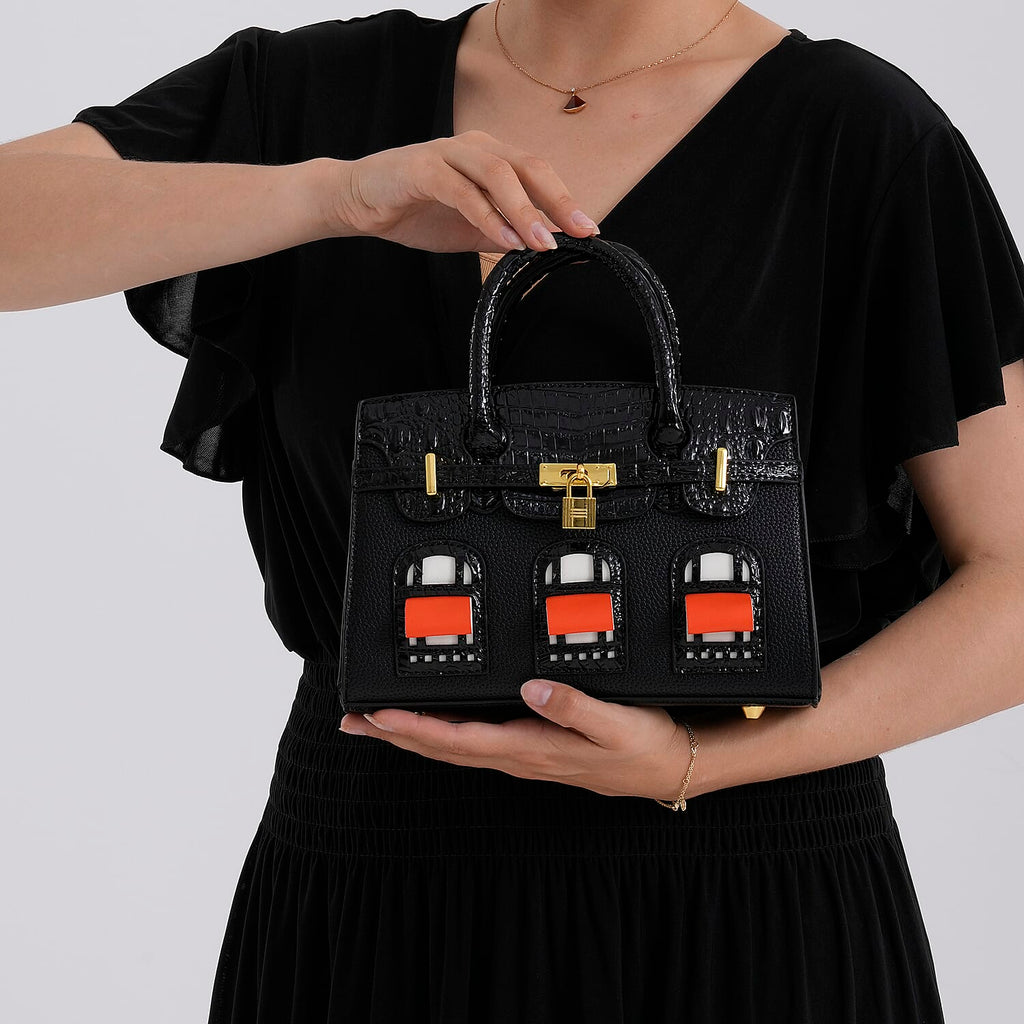 Designer-Inspired Structured Handbag with Crossbody Strap - Black_8447533_3