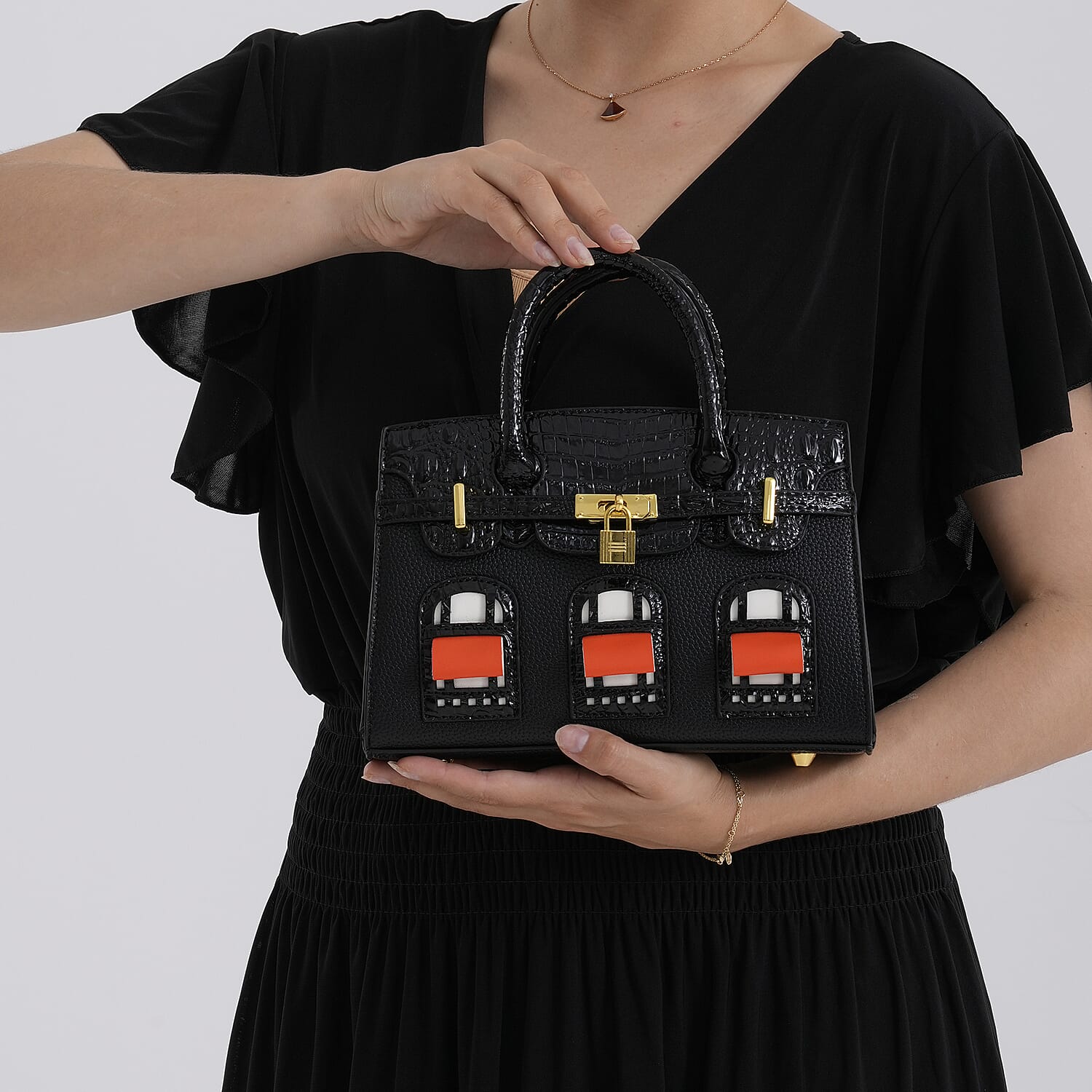 Designer-Inspired Structured Handbag with Crossbody Strap - Black_8447533_3