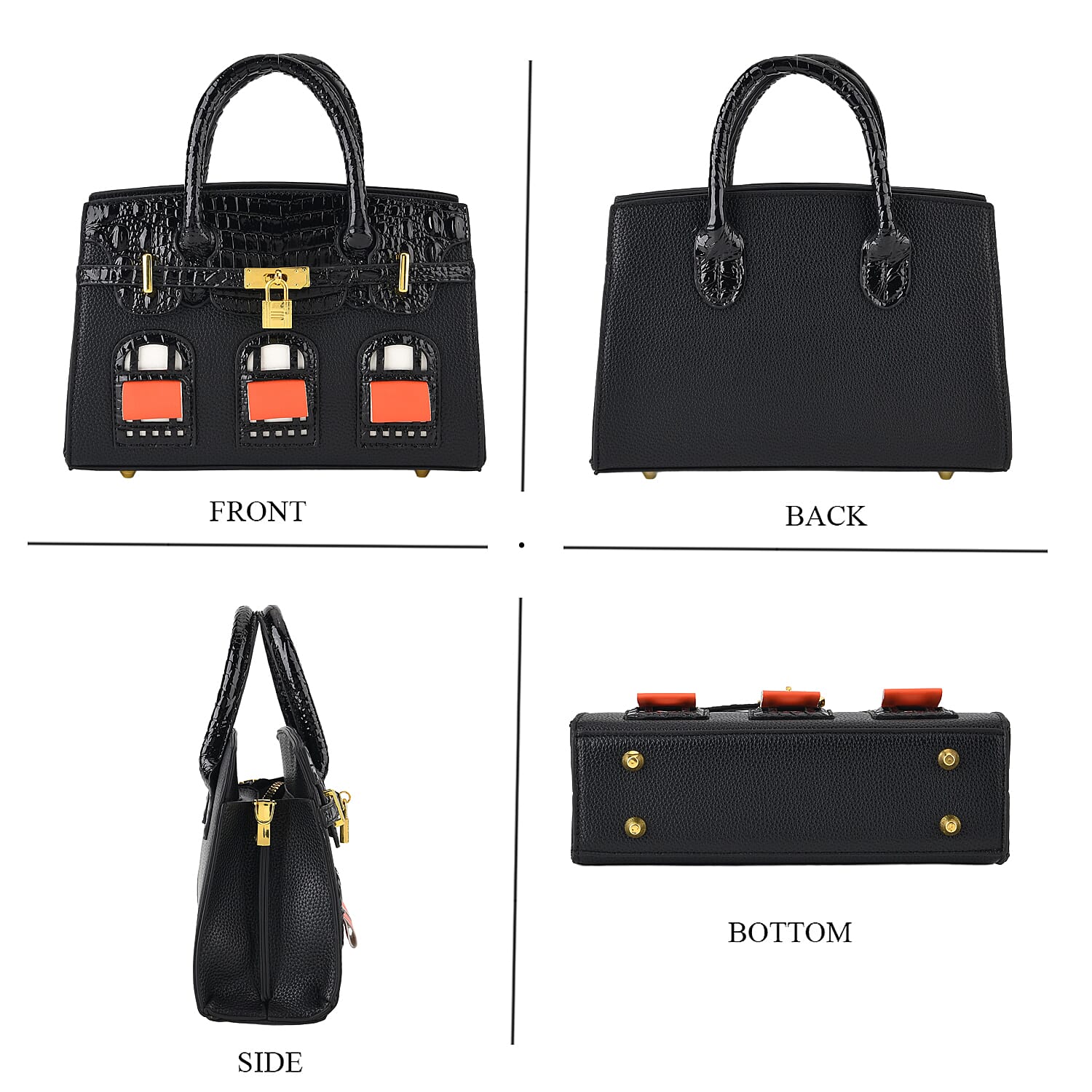 Designer-Inspired Structured Handbag with Crossbody Strap - Black_8447533_4