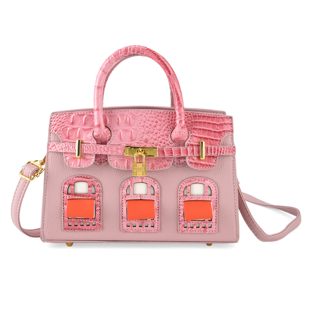 Designer-Inspired Structured Handbag with Crossbody Strap - Pink_8447540