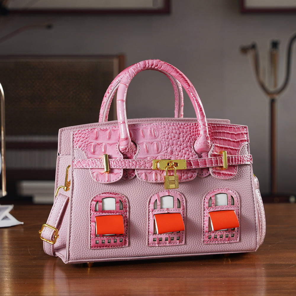 Designer-Inspired Structured Handbag with Crossbody Strap - Pink_8447540_1