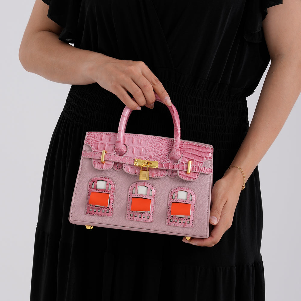 Designer-Inspired Structured Handbag with Crossbody Strap - Pink_8447540_3