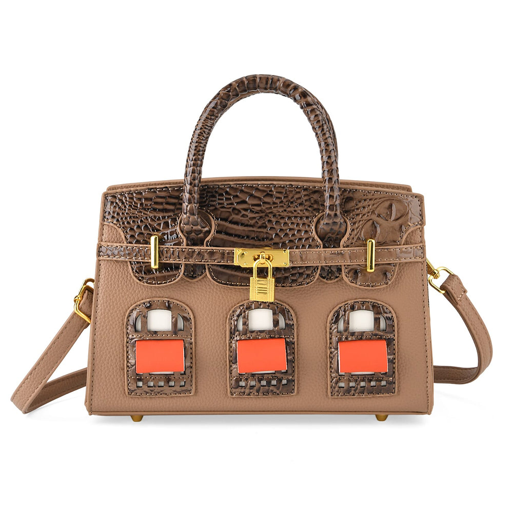 Designer-Inspired Structured Handbag with Crossbody Strap - Light Brown_8447541