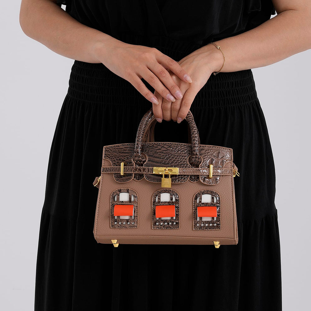 Designer-Inspired Structured Handbag with Crossbody Strap - Light Brown_8447541_3