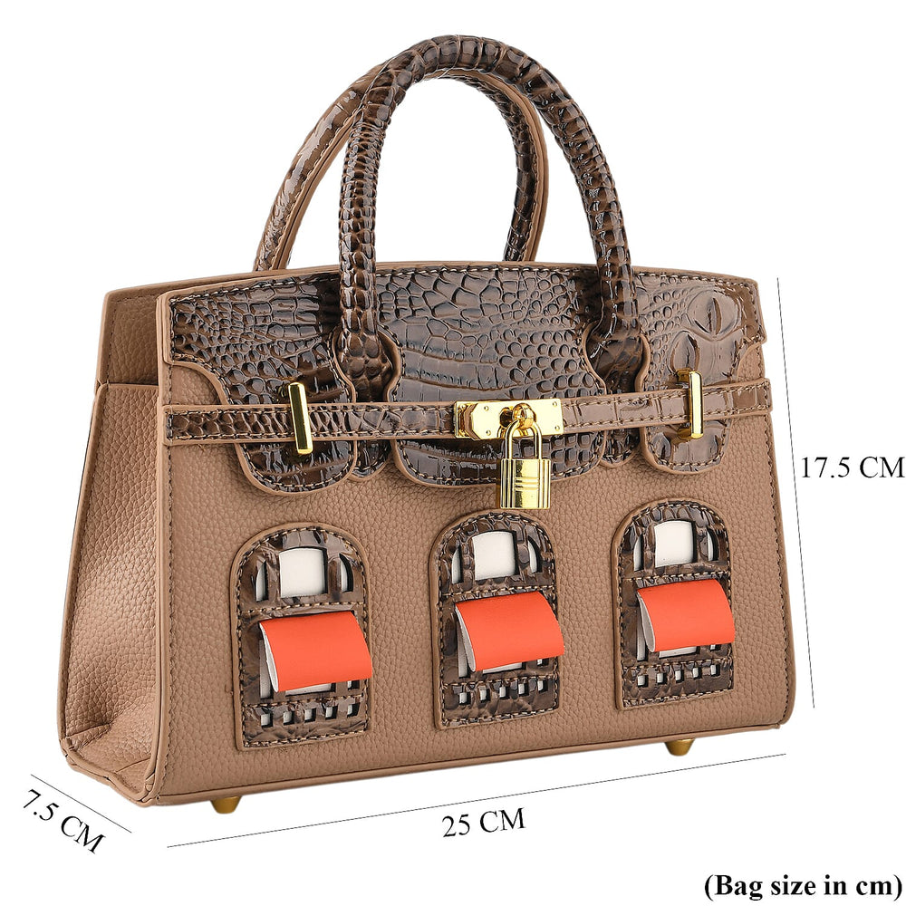 Designer-Inspired Structured Handbag with Crossbody Strap - Light Brown_8447541_7