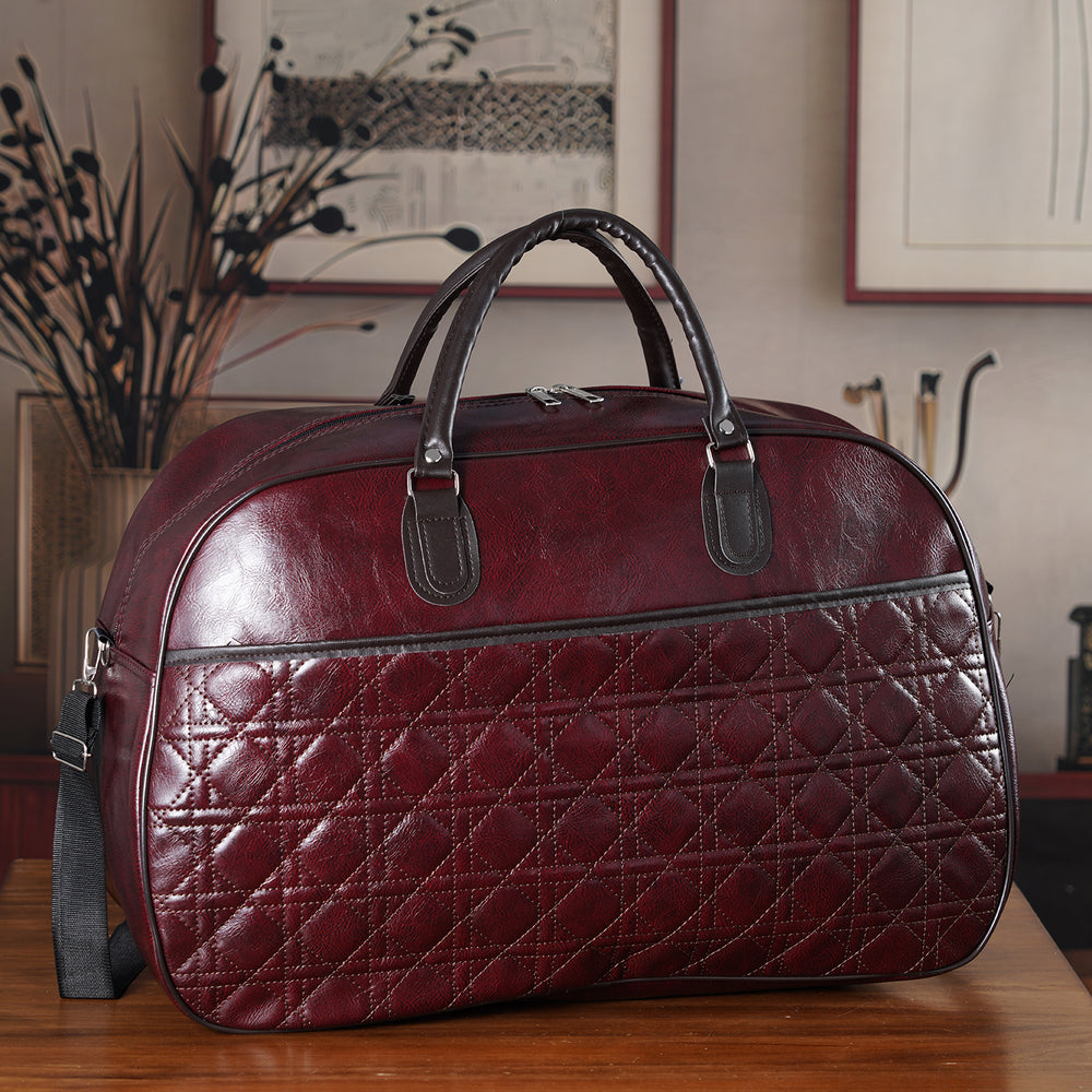 Quilted Weekender Travel Style Duffle Bag with Shoulder Strap - Burgundy_8465929_1