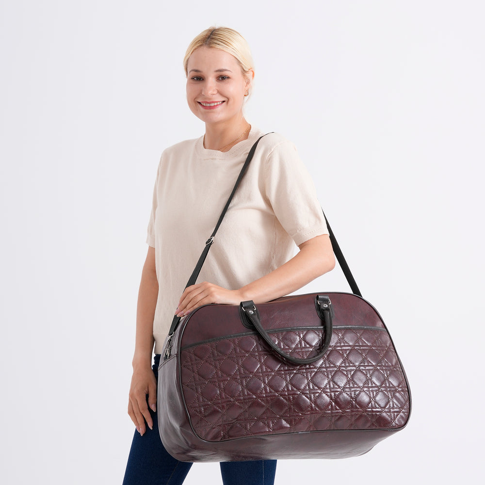 Quilted Weekender Travel Style Duffle Bag with Shoulder Strap - Burgundy_8465929_2