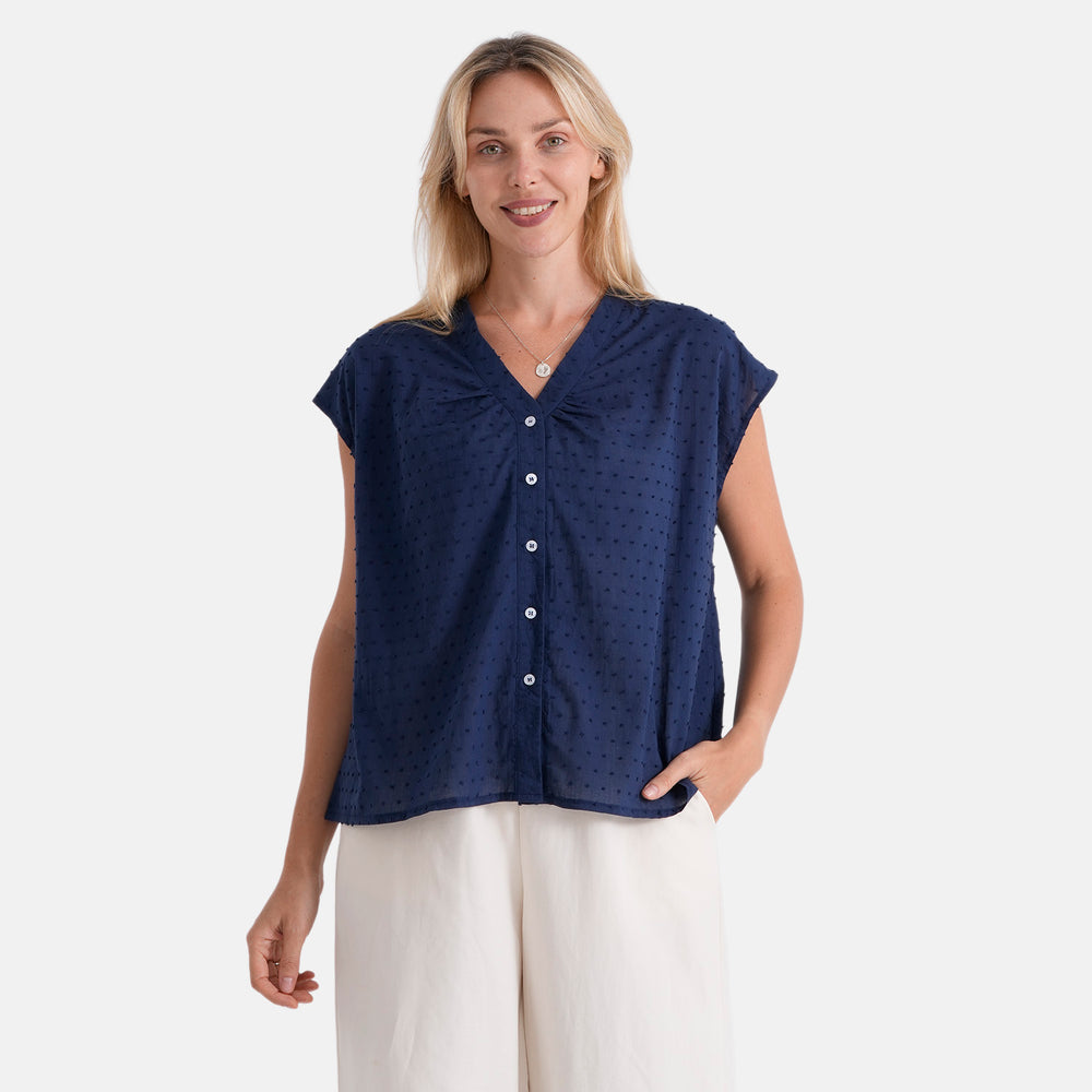& Maisi Cotton Solid Blouse (Size - Large) - Navy Blue_8466022