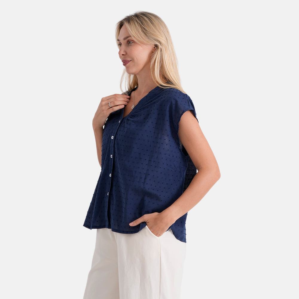 & Maisi Cotton Solid Blouse (Size - Large) - Navy Blue_8466022_3