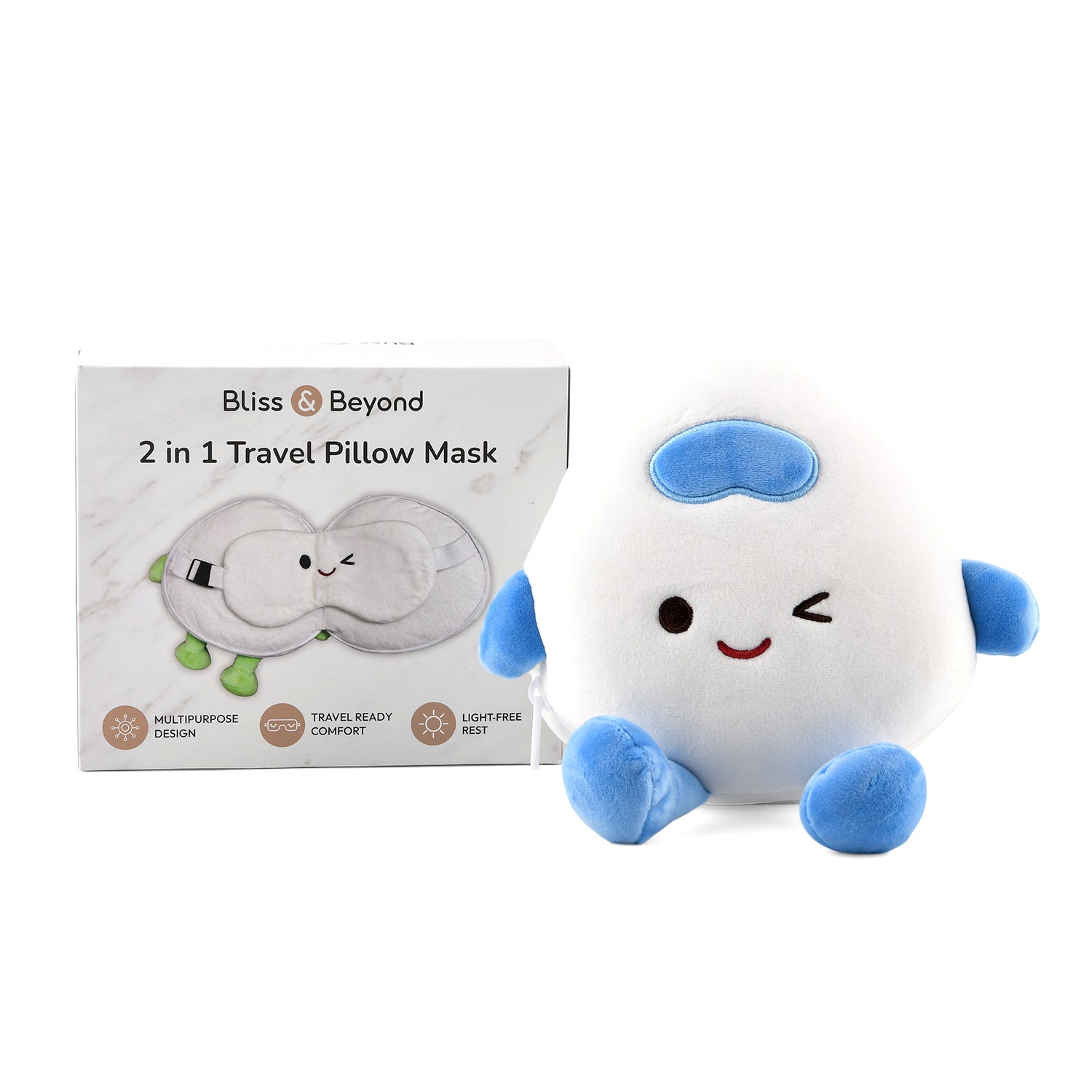 2 in 1 Kawaii Winking Round Character Cushion with Eye Shade & Adjustable Straps (20x20cm) - Blue & White_8477242_5