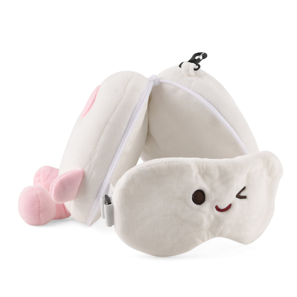 2 in 1 Kawaii Winking Round Character Cushion with Eye Shade & Adjustable Straps (20x20cm) - Pink & White_8477249_1