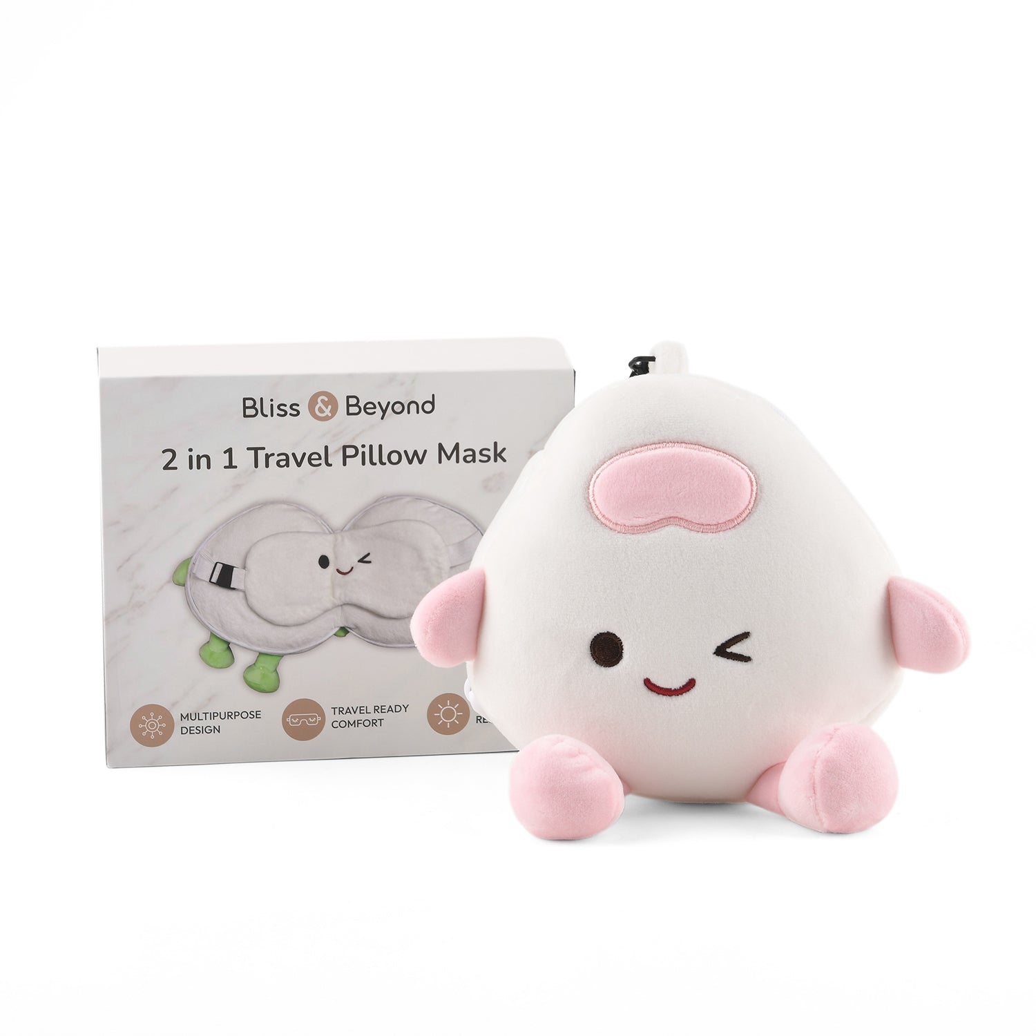 2 in 1 Kawaii Winking Round Character Cushion with Eye Shade & Adjustable Straps (20x20cm) - Pink & White_8477249_5