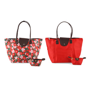 DESIGNER INSPIRED - Set of 4 Floral Print Tote Bag - Cosmetic Bag - Red