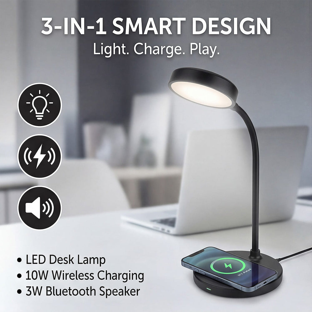 Groov-e 3-in-1 LED Desk Lamp with Wireless Speaker - Smartphone Charger - Black