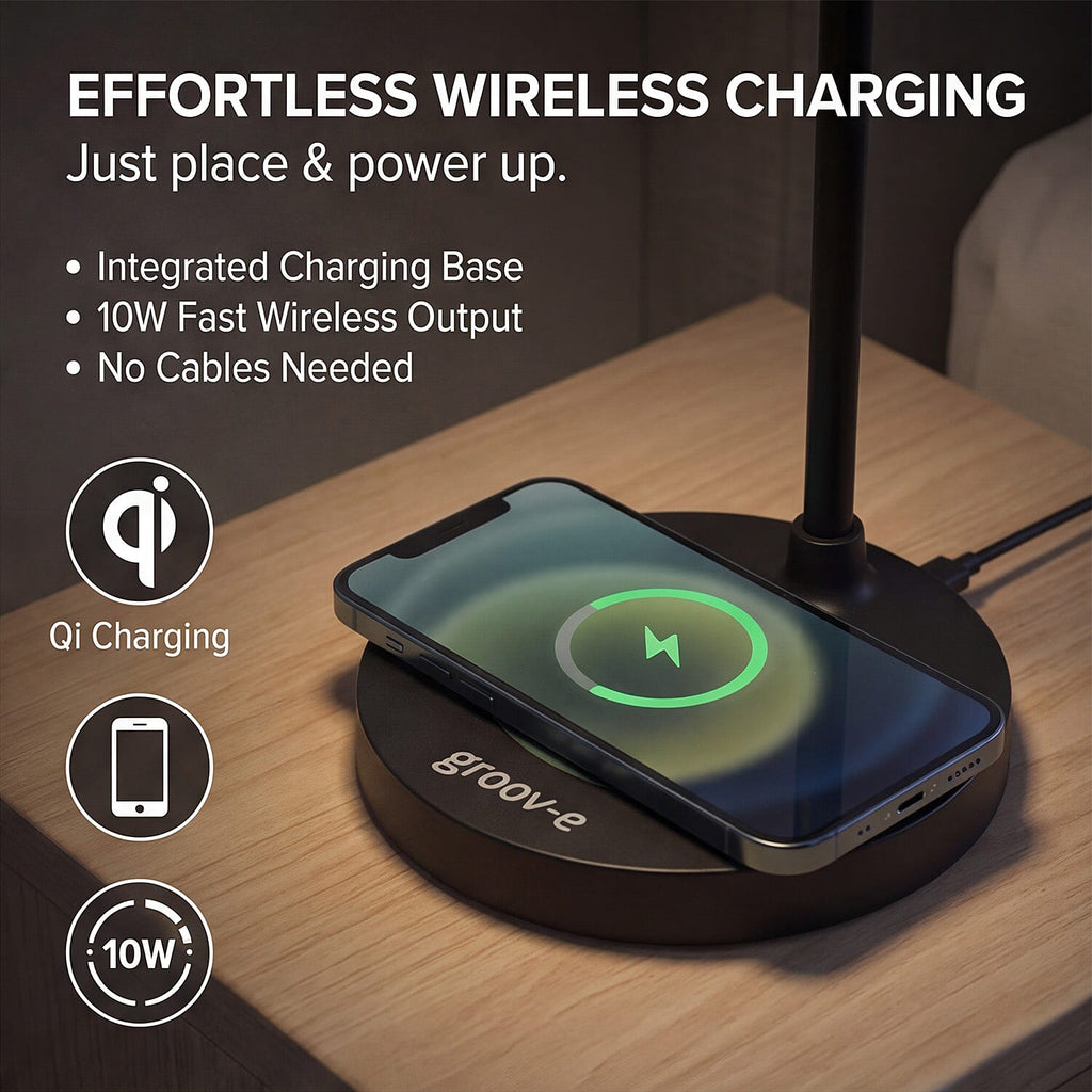 Groov-e 3-in-1 LED Desk Lamp with Wireless Speaker - Smartphone Charger - Black