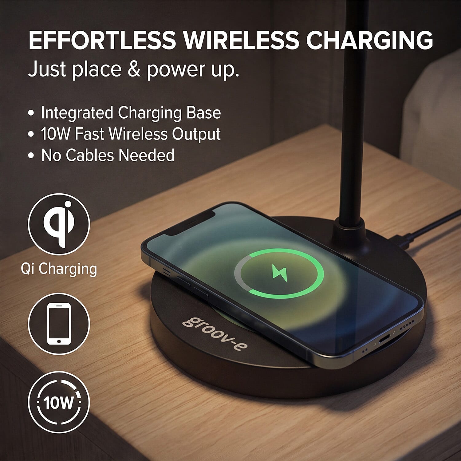 Groov-e 3-in-1 LED Desk Lamp with Wireless Speaker - Smartphone Charger - Black