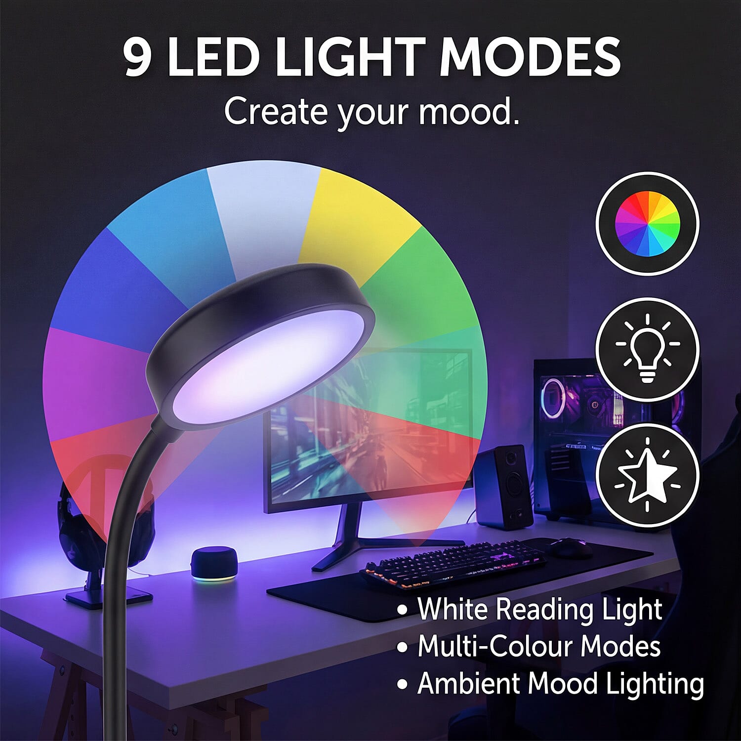 Groov-e 3-in-1 LED Desk Lamp with Wireless Speaker - Smartphone Charger - Black