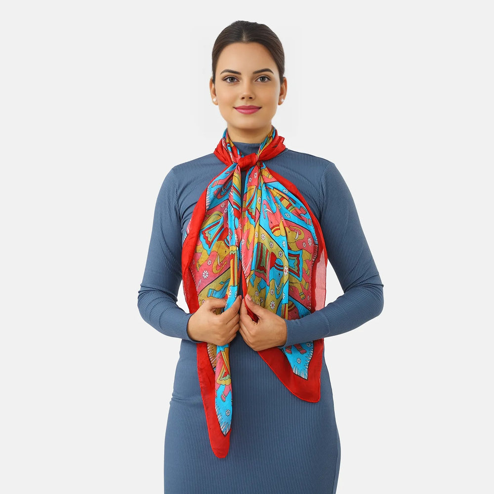 Valissiere Silk Printed Scarf (Size - One Size) - Red_8479228_1