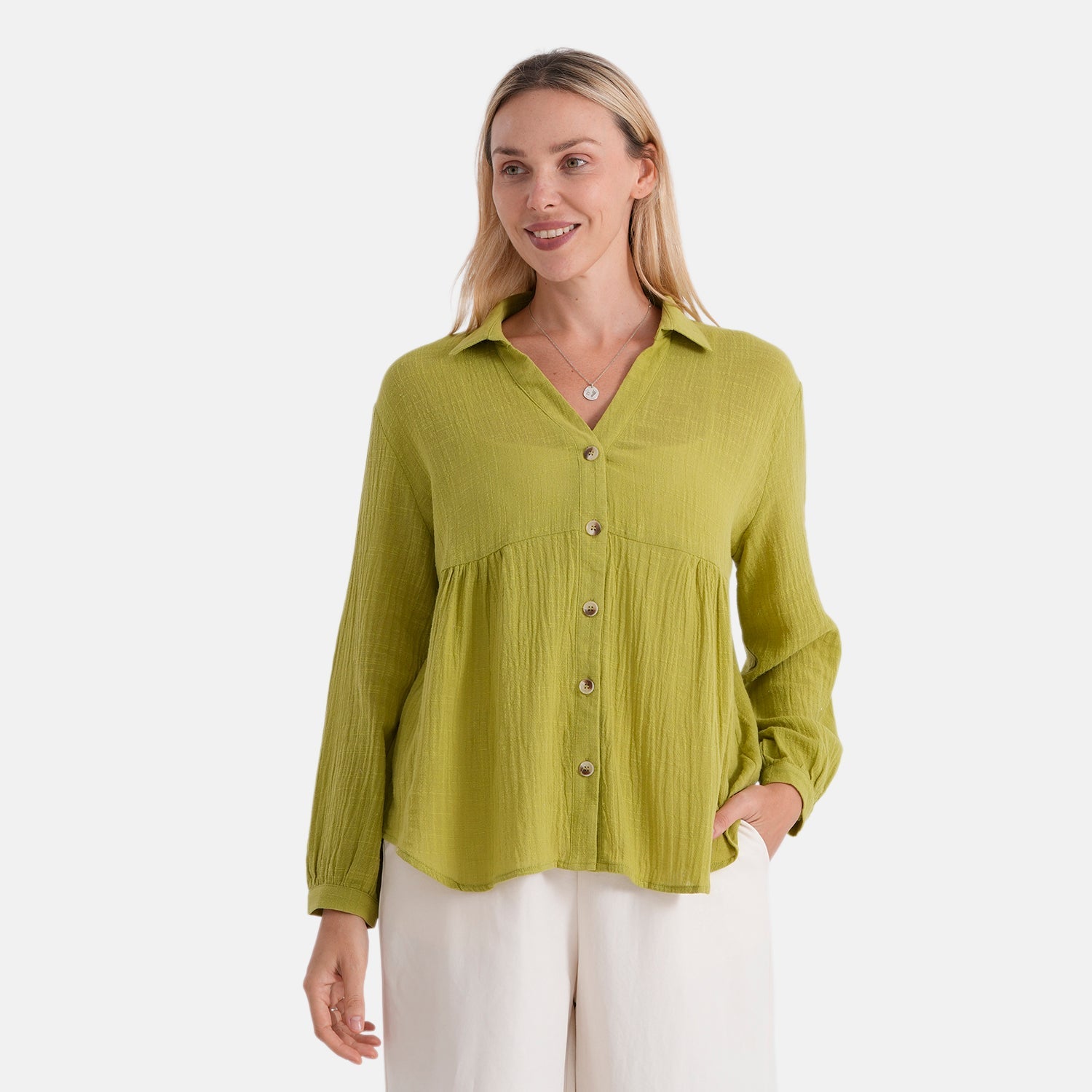 - Maisi 100% Cotton Buttoned V-neck Peplum Blouse (Size M) - Pear Green