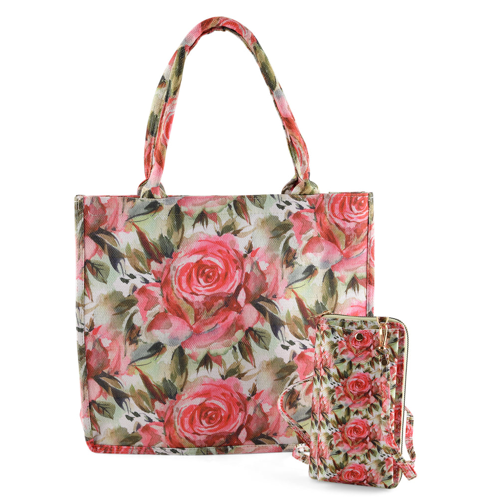 Set of 2 - Red Rose Print RFID Blocking Tote Bag & Cellphone Purse - Multicolour_8479746