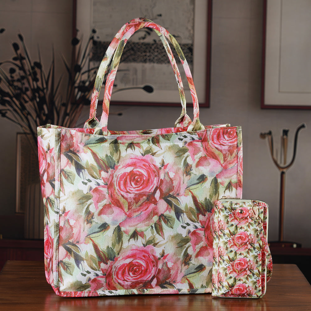 Set of 2 - Red Rose Print RFID Blocking Tote Bag & Cellphone Purse - Multicolour_8479746_1