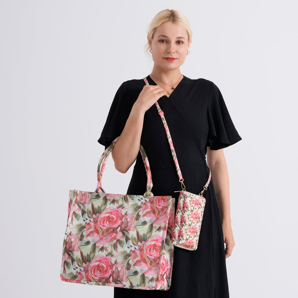 Set of 2 - Red Rose Print RFID Blocking Tote Bag & Cellphone Purse - Multicolour_8479746_2