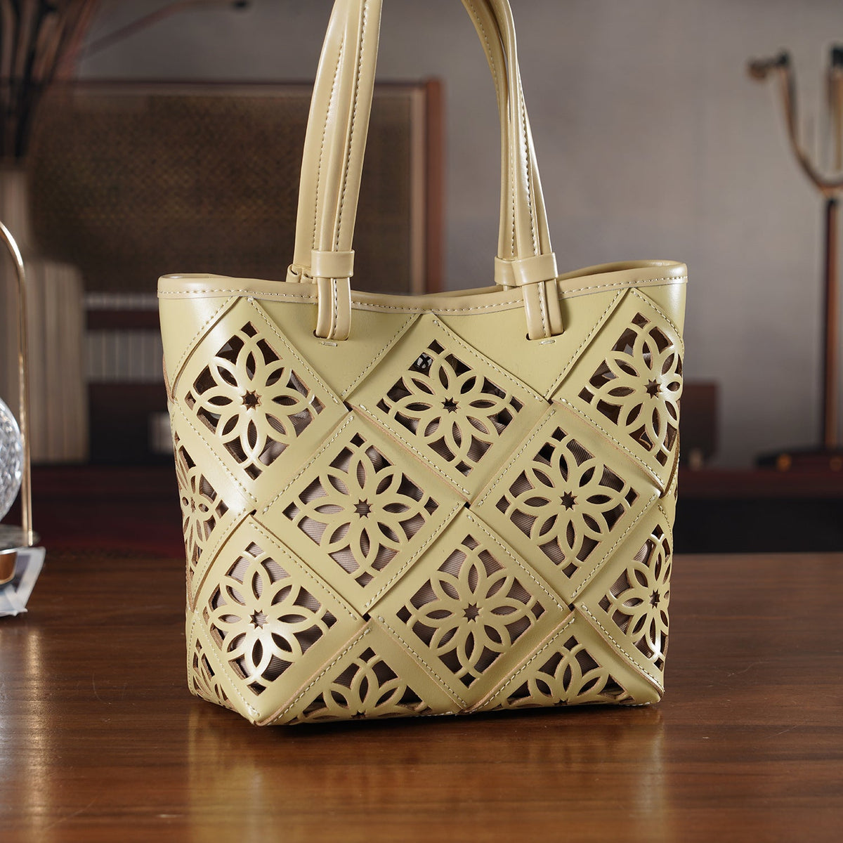 Leather Patterned Tote Bag (Size 21x11x21 cm) - Apricot