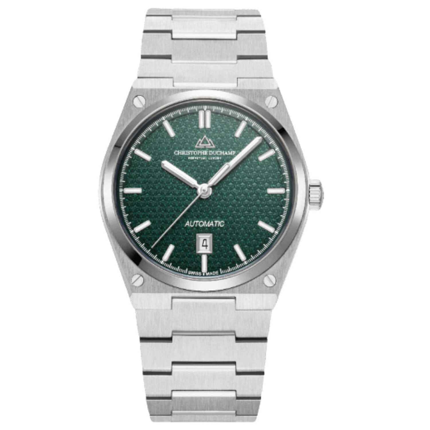 CHRISTOPHE DUCHAMP Attitude Auto Swiss Automatic 10ATM WR Green Dial - Silver Case Mens Watch with Silver Stainless Steel Strap