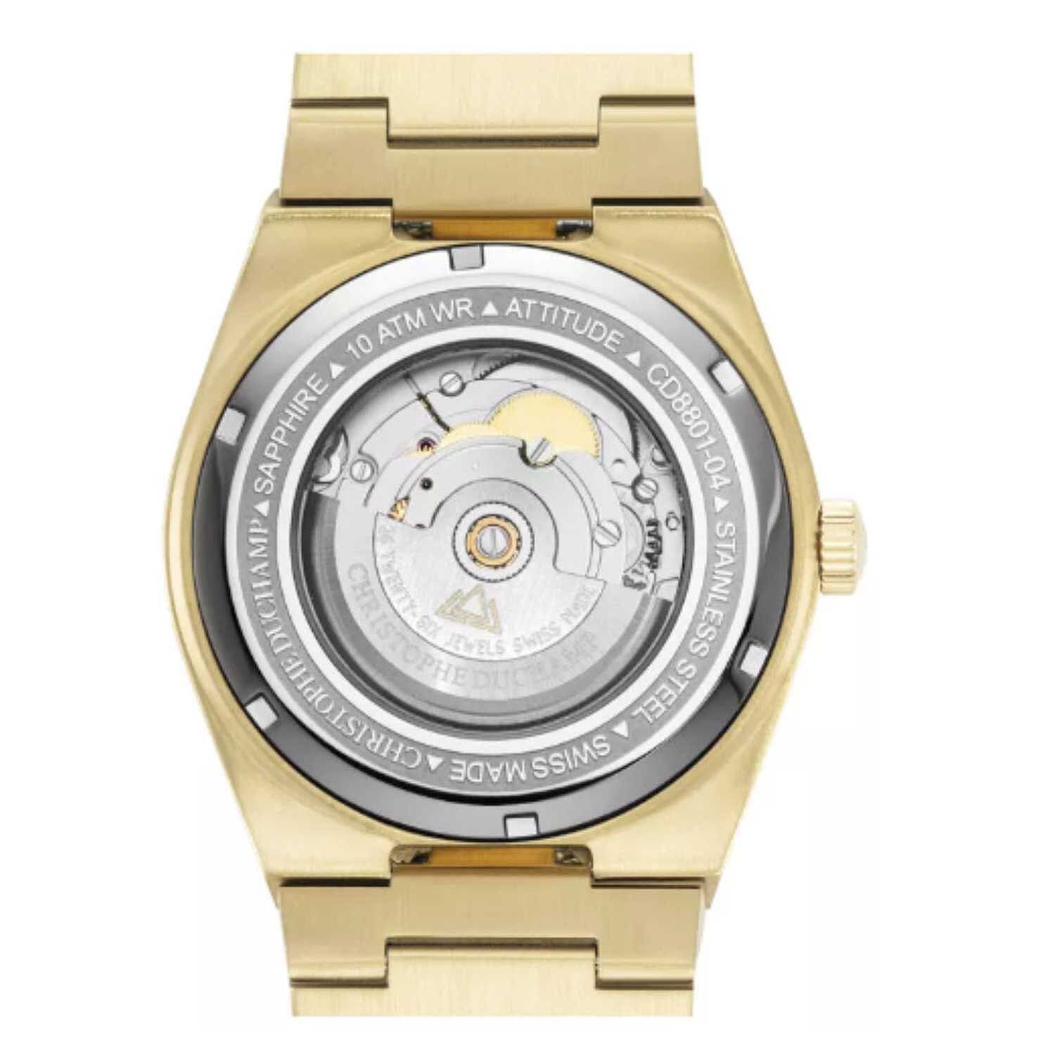CHRISTOPHE DUCHAMP Attitude Auto Swiss Automatic 10ATM WR Black Dial - Gold Case Mens Watch with Gold Stainless Steel Strap