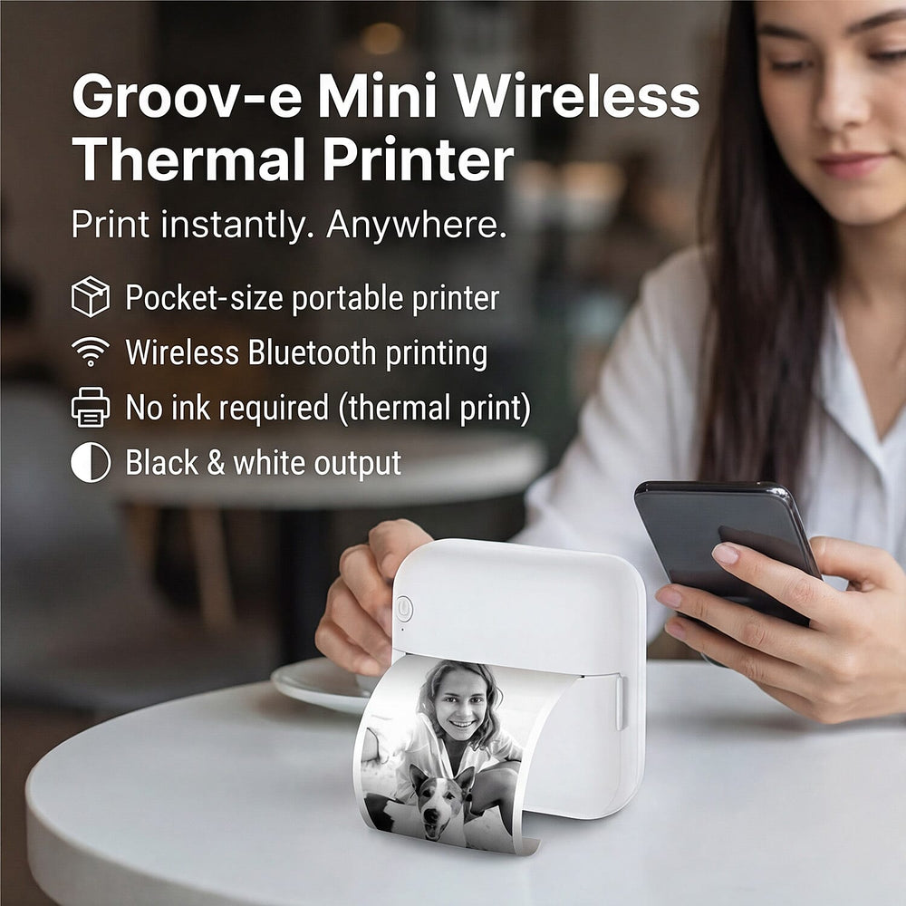 Groov-e Mini Wireless Thermal Printer - Portable 200 DPI Inkless Bluetooth Printer for iOS - Android, Includes 3 Paper Rolls - Rechargeable Battery