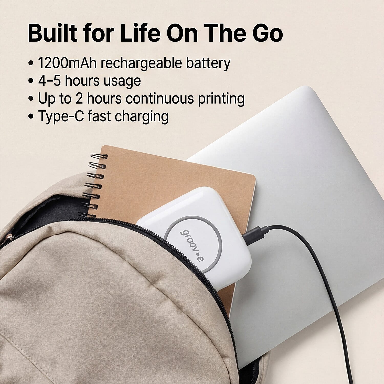 Groov-e Mini Wireless Thermal Printer - Portable 200 DPI Inkless Bluetooth Printer for iOS - Android, Includes 3 Paper Rolls - Rechargeable Battery