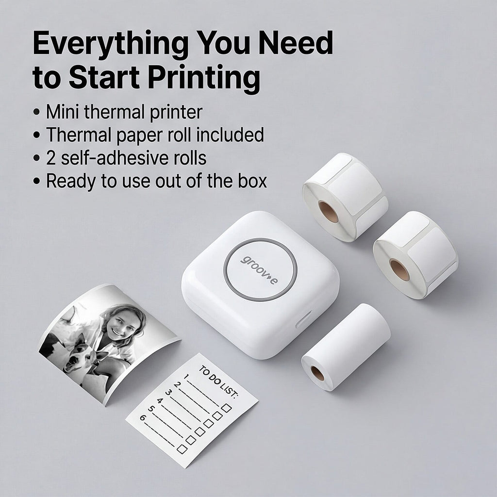 Groov-e Mini Wireless Thermal Printer - Portable 200 DPI Inkless Bluetooth Printer for iOS - Android, Includes 3 Paper Rolls - Rechargeable Battery