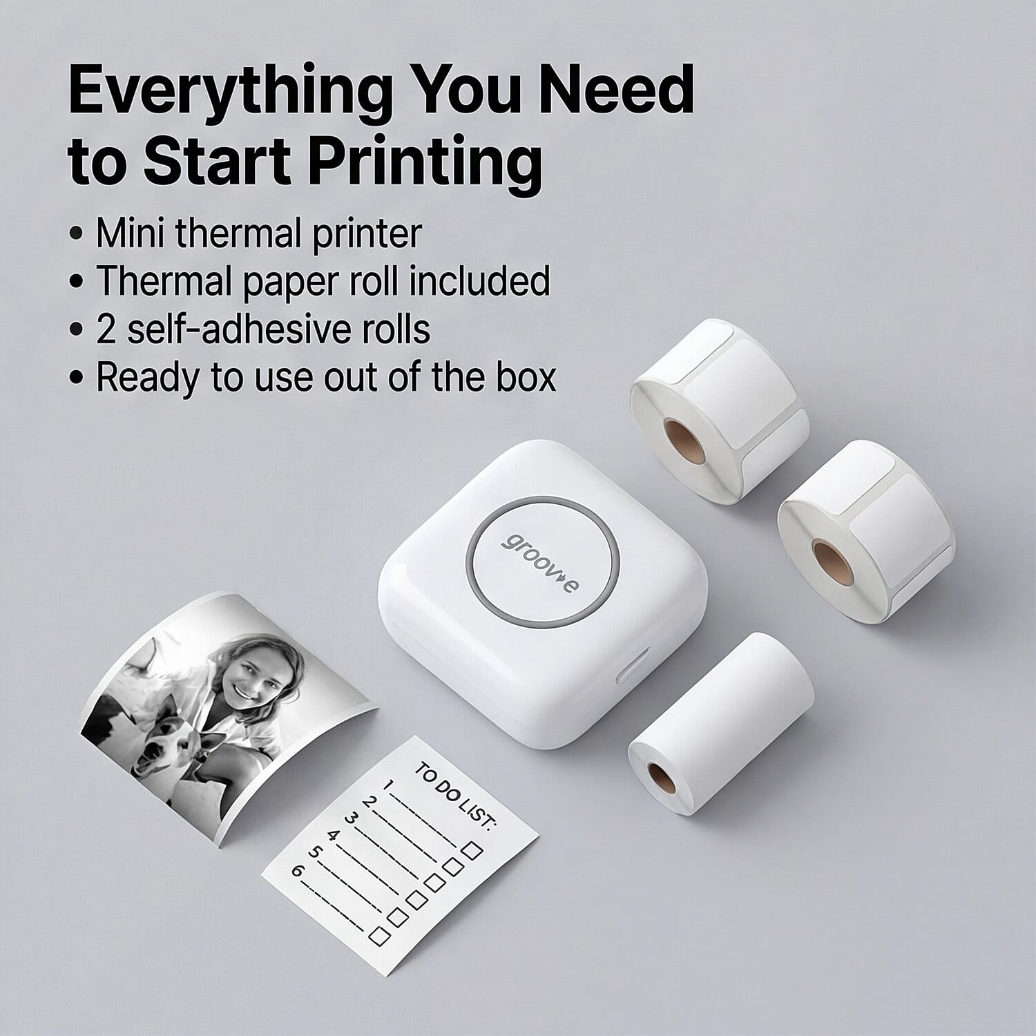 Groov-e Mini Wireless Thermal Printer - Portable 200 DPI Inkless Bluetooth Printer for iOS - Android, Includes 3 Paper Rolls - Rechargeable Battery