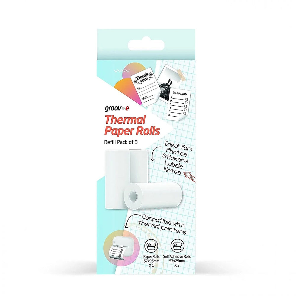 Groov-e Thermal Printer Refill Pack - 3 Rolls (57 x 25mm), Includes 1x White Paper - 2x Self-Adhesive Sticker Rolls