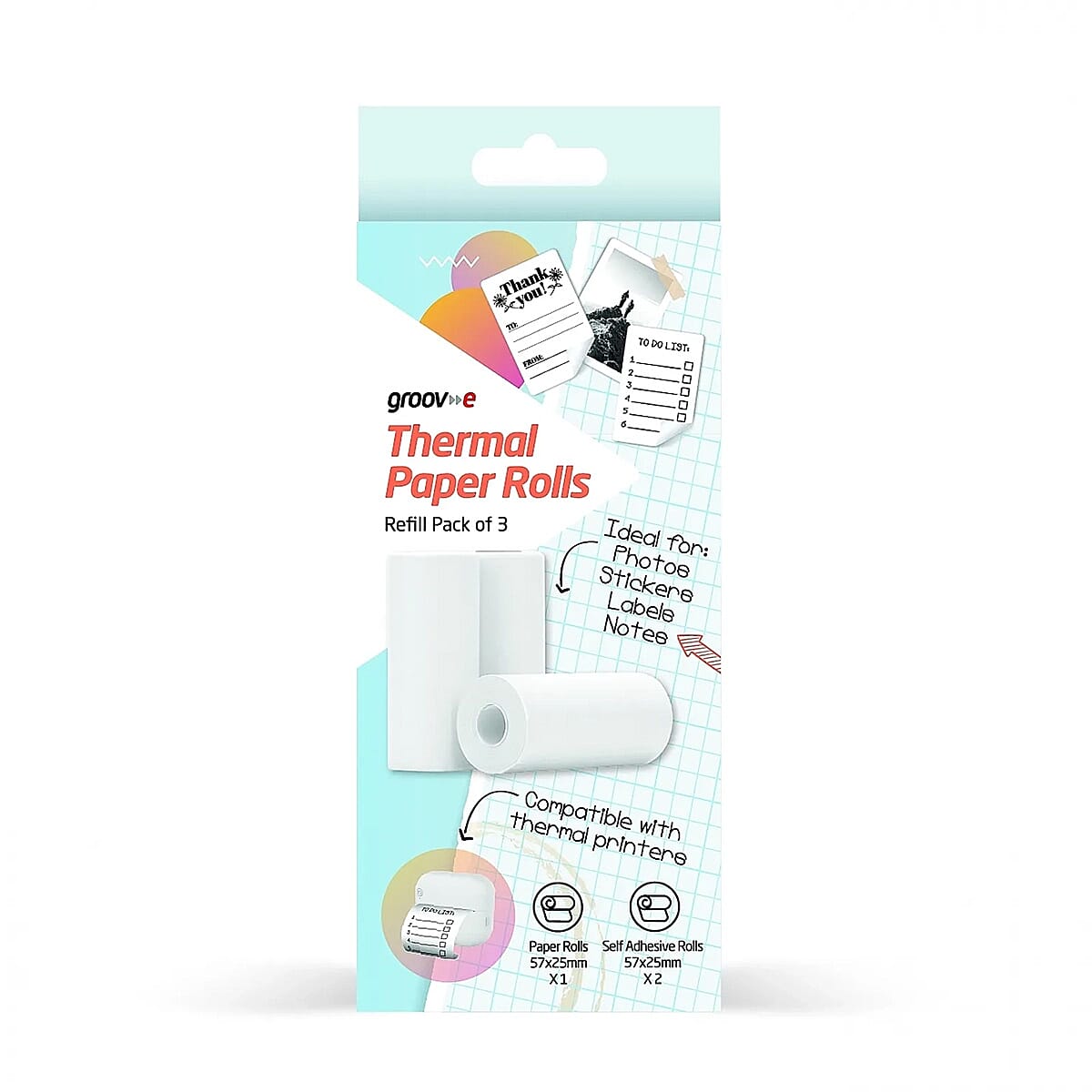 Groov-e Thermal Printer Refill Pack - 3 Rolls (57 x 25mm), Includes 1x White Paper - 2x Self-Adhesive Sticker Rolls