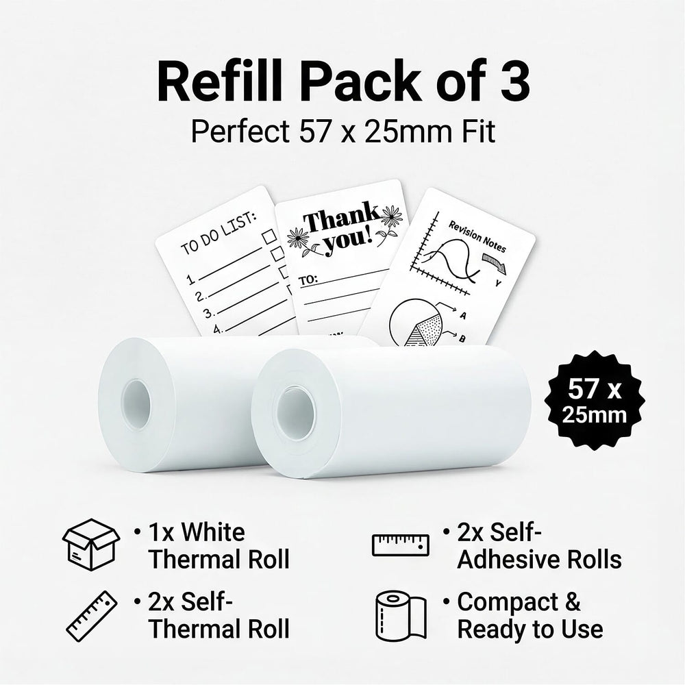 Groov-e Thermal Printer Refill Pack - 3 Rolls (57 x 25mm), Includes 1x White Paper - 2x Self-Adhesive Sticker Rolls