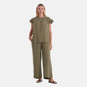 - Maisi Round-Neck Stringy-Selvedge Sleeve Top (Size S) - Green