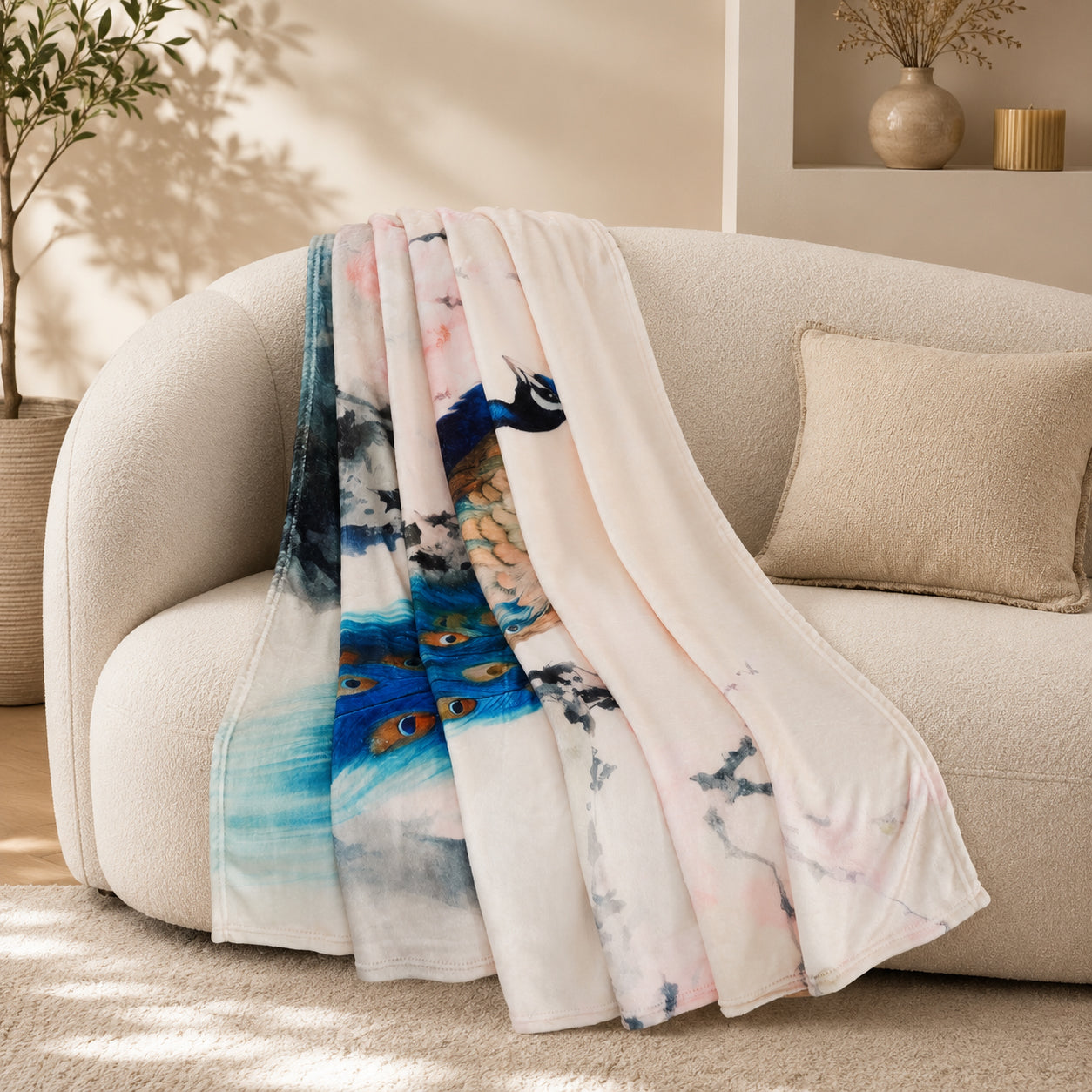 Hush Haven Printed Blanket (Size 200x1 cm) - Beige_8482956