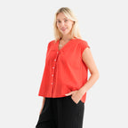 & Maisi 100% Cotton Lightweight V-neck Short-Sleeve Dot Dobby Pattern Blouse (Size L, 16-18) - Red_8484534_3