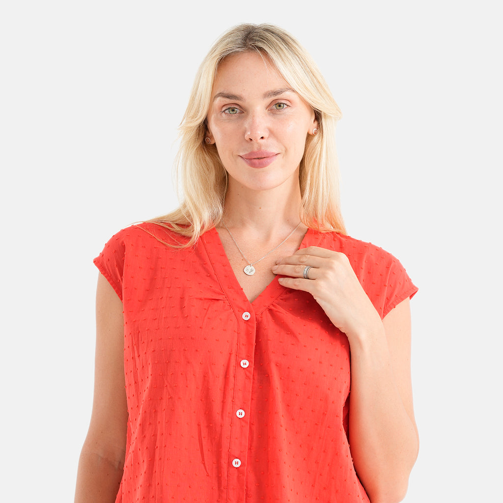 & Maisi 100% Cotton Lightweight V-neck Short-Sleeve Dot Dobby Pattern Blouse (Size L, 16-18) - Red_8484534_5