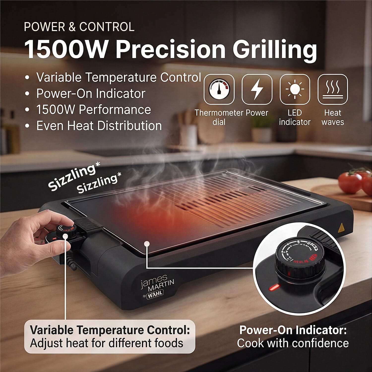 James Martin Table Top Health Grill with Flat Plate - Black