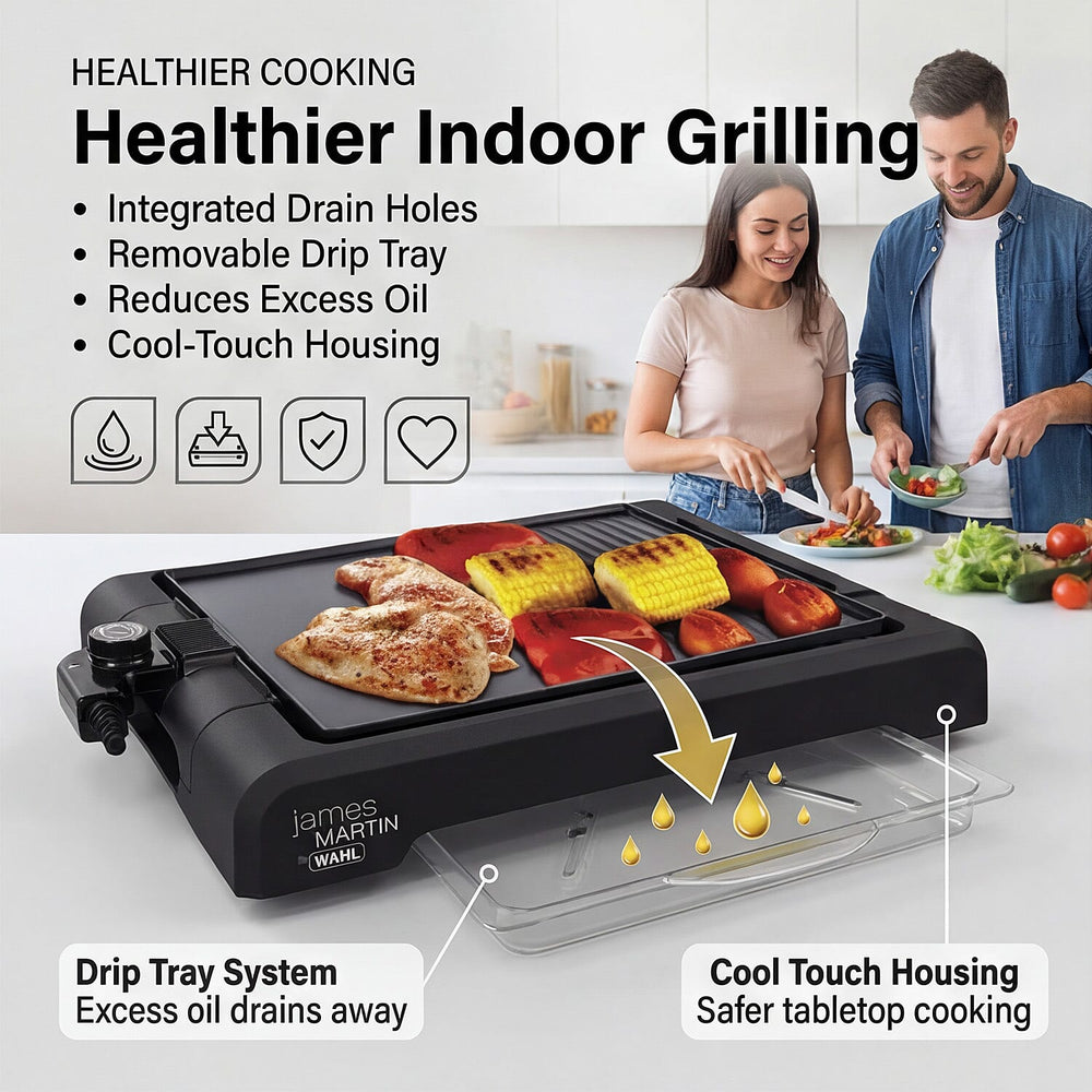 James Martin Table Top Health Grill with Flat Plate - Black