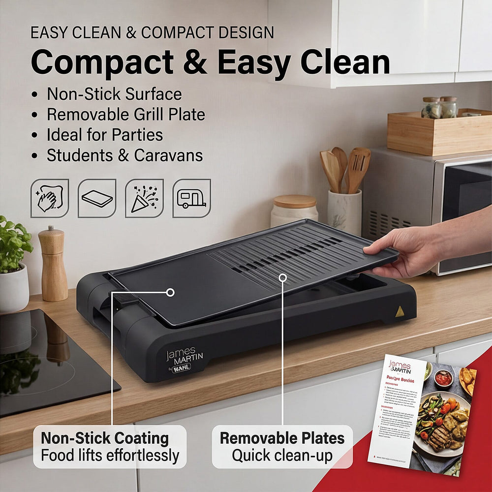 James Martin Table Top Health Grill with Flat Plate - Black