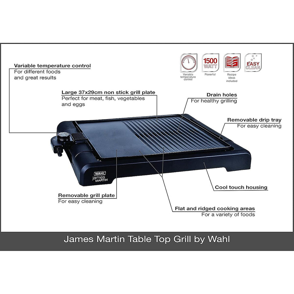 James Martin Table Top Health Grill with Flat Plate - Black