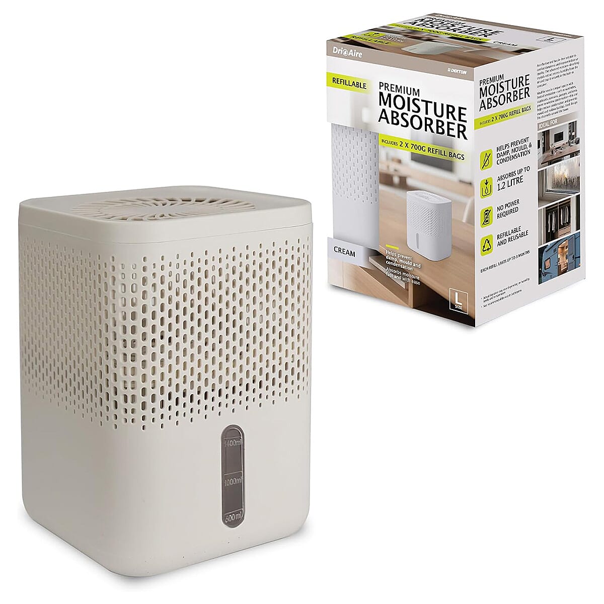 Premium Moisture Absorber White - 1.2L Capacity Dehumidifier with 2 x 700g Refills for Caravans, Cupboards and Bathrooms