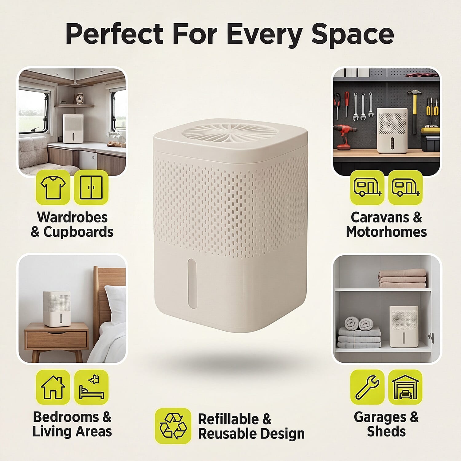 Premium Moisture Absorber White - 1.2L Capacity Dehumidifier with 2 x 700g Refills for Caravans, Cupboards and Bathrooms